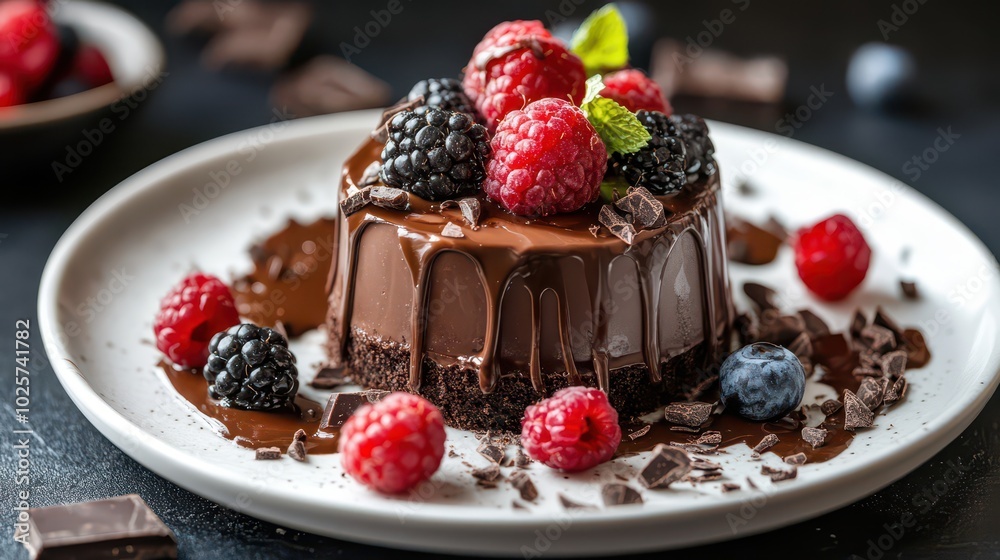 Indulge in a decadent chocolate dessert topped with fresh raspberries, blackberries, and blueberries, beautifully presented on a white plate. Indulge in a decadent chocolate dessert topped with fresh raspberries, blackberries, and blueberries, beautifully presented on a white plate.