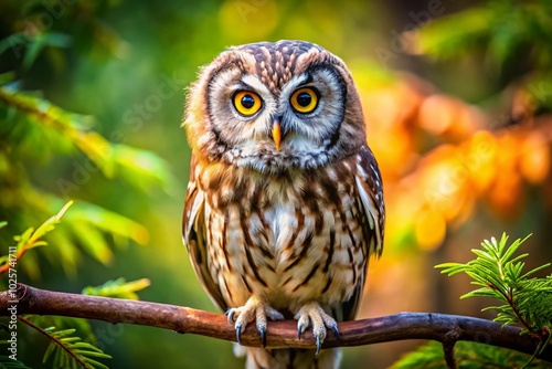 Majestic Owl with Intense Gaze and Sharp Beak Perched on a Branch in Natural Habitat, Showcasing Wildlife Beauty