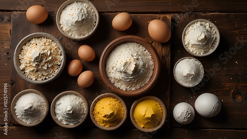 Flat Lay of Baking Ingredients: Flour, Eggs, Butter, and Sugar on Rustic Wooden Table photo