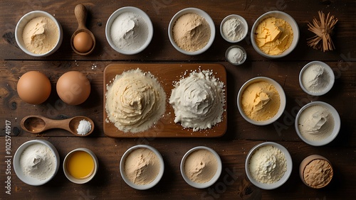 Flat Lay of Baking Ingredients: Flour, Eggs, Butter, and Sugar on Rustic Wooden Table photo