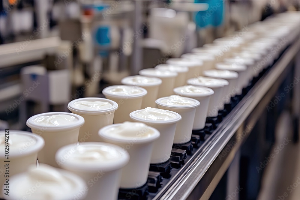Conveyor belt with rows of containers. Perfect for showcasing factory production, food packaging, or dairy industry.