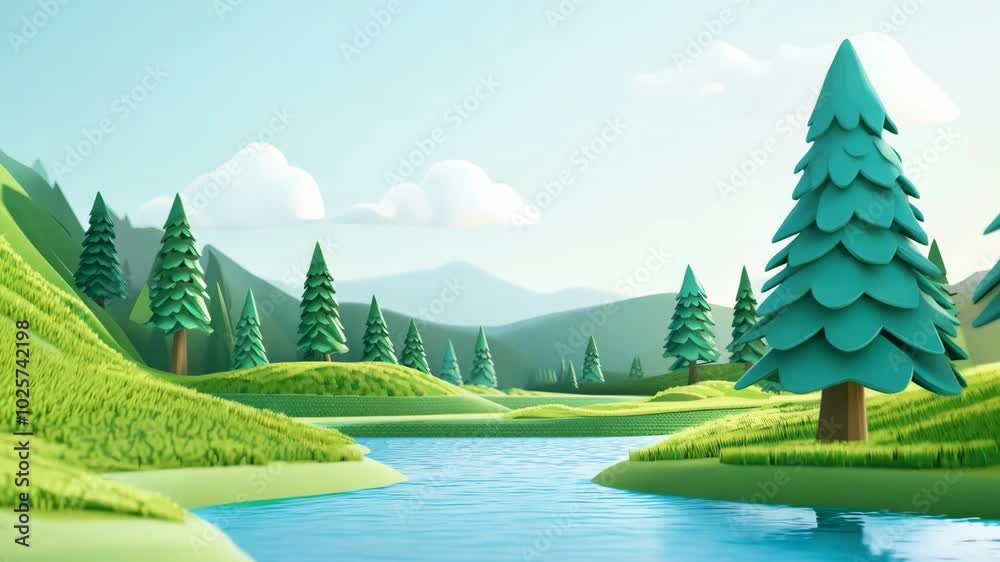 3D cartoon green forest and grassland river landscape scene