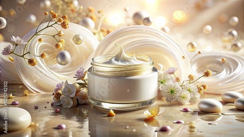 Luxurious moisturizing cream sprawls over a gleaming white surface, exuding nourishment and hydration, its surreal texture mesmerizingly inviting, promising a lavish touch for the senses. photo