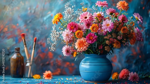 A blue vase holding a bouquet of flowers, set against blurred background.