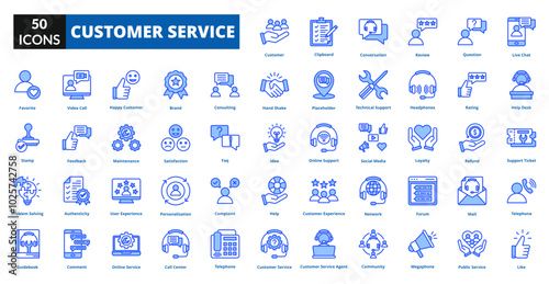 Customer service blue icon collection set. includes customer, service, support, client, advice, quality, satisfaction, reliable
