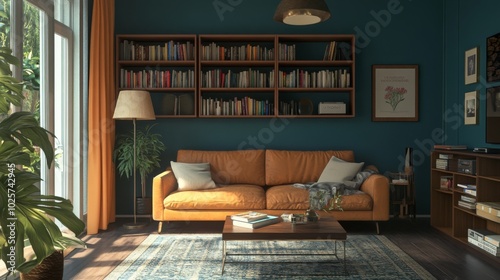 Wallpaper Mural A living room with a leather sofa, coffee table, rug, and bookshelves. Torontodigital.ca