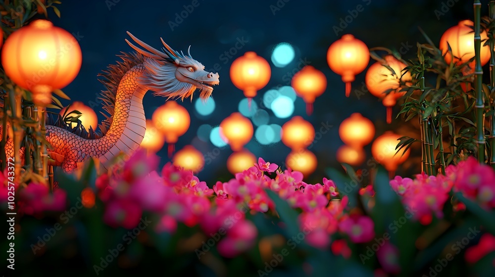 Obraz premium Graceful Dragon Hovering Above Festive Bamboo and Orchid Landscape
