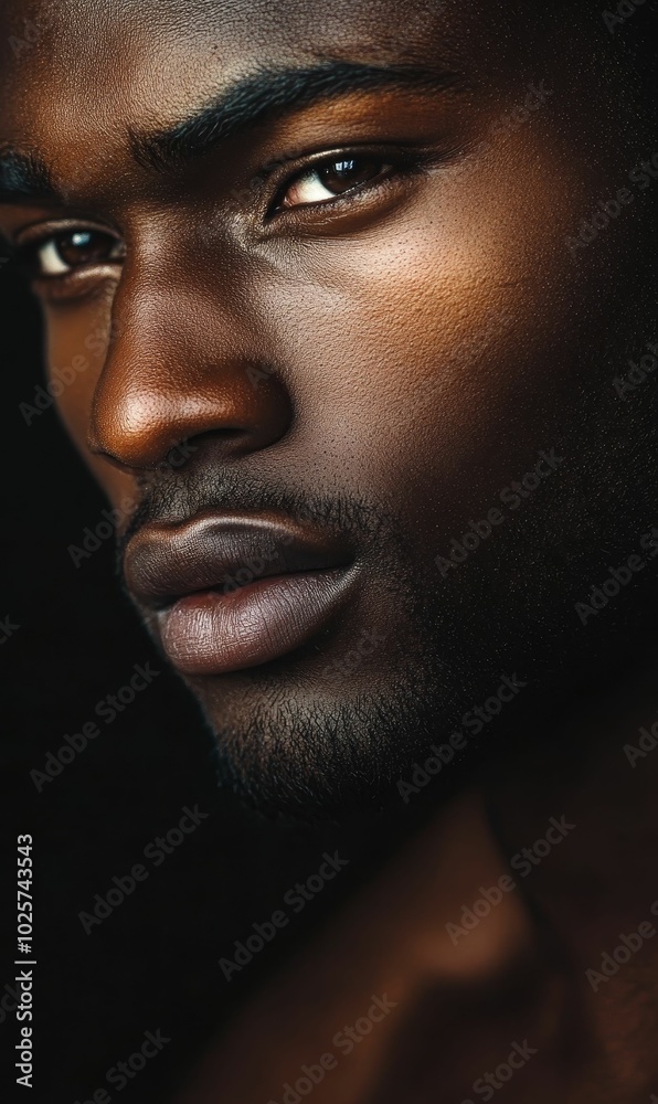 Close-up of a man's face with dark skin. Close-up of a man's face with dark skin.