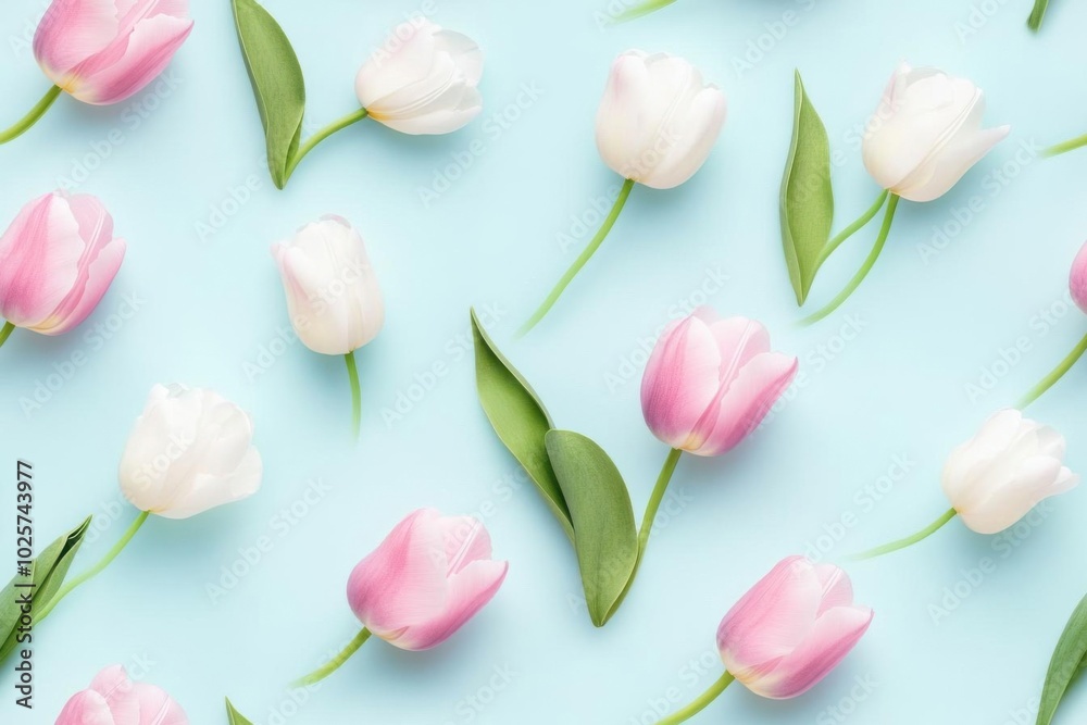 A vibrant arrangement of tulips in shades of pink and white against a soft blue background, perfect for spring-themed projects. A vibrant arrangement of tulips in shades of pink and white against a soft blue background, perfect for spring-themed projects.