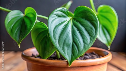 Closeup of Heart Leaf Philodendron (Philodendron hederaceum) in Flowerpot, Macro Shot House Plant