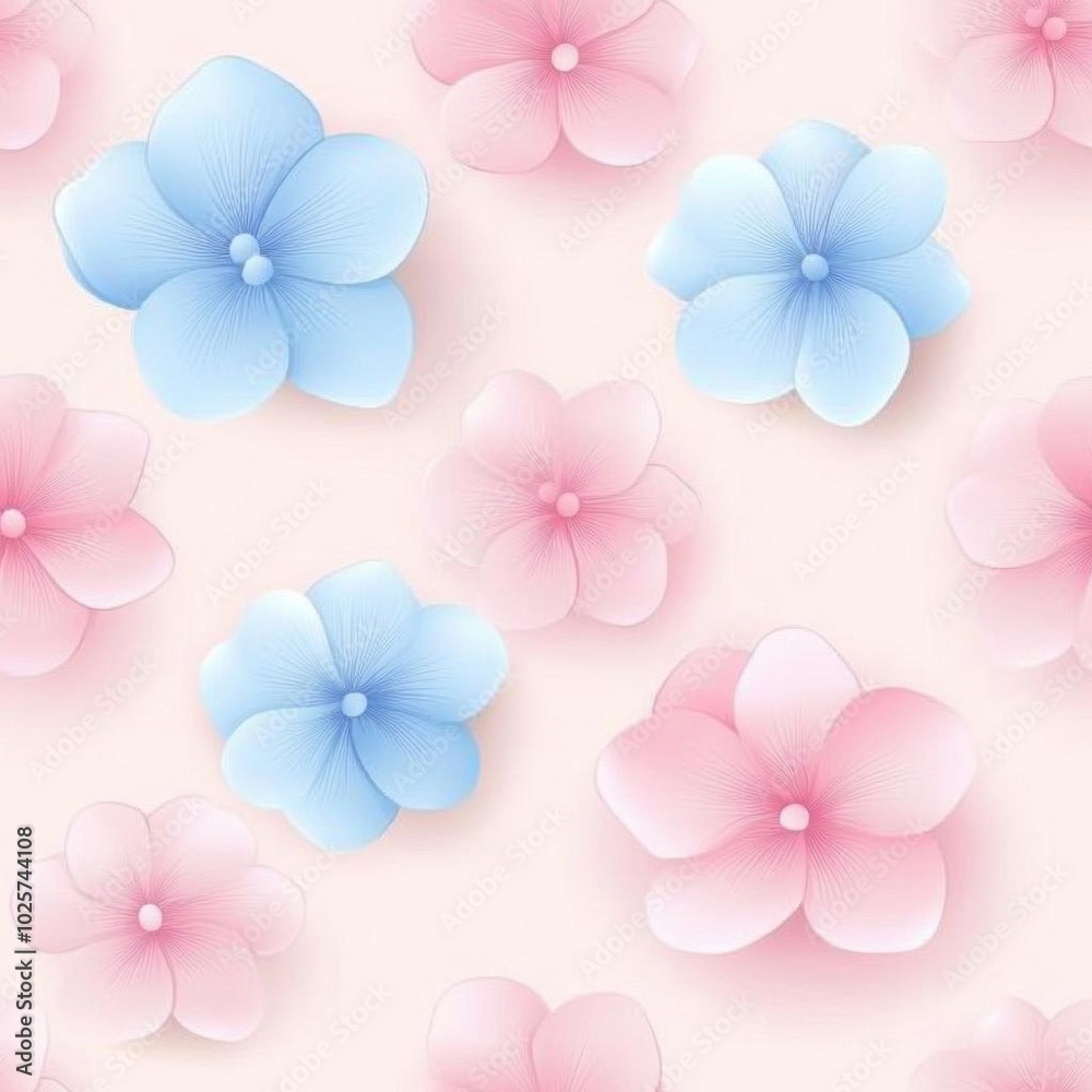 Delicate floral pattern featuring soft blue and pink flowers on a light background, perfect for wallpaper and textile design. Delicate floral pattern featuring soft blue and pink flowers on a light background, perfect for wallpaper and textile design.