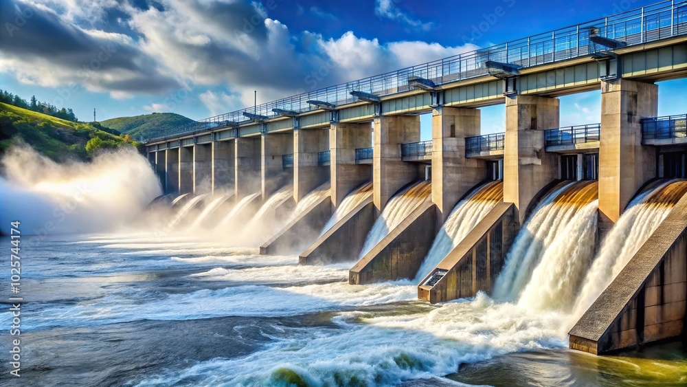 Close-up of hydroelectric power plant turbines and water spills Close-up of hydroelectric power plant turbines and water spills