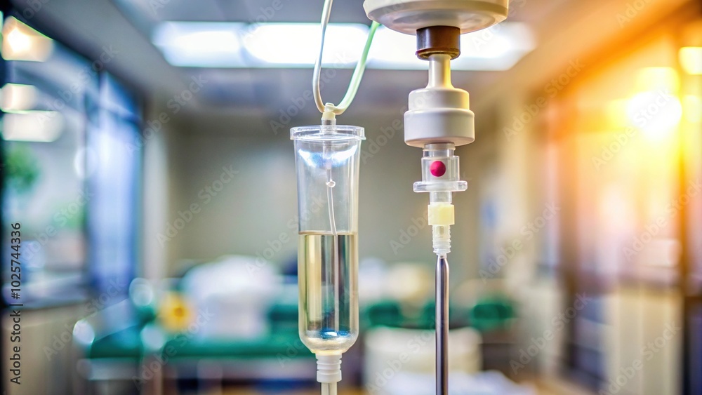 Closeup of IV drip on hanger with selective focus and depth of field Closeup of IV drip on hanger with selective focus and depth of field