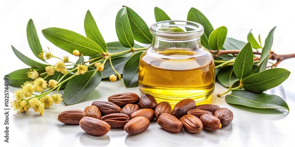 Close-up of Jojoba oil leaves, flowers, and seeds Close-up of Jojoba oil leaves, flowers, and seeds