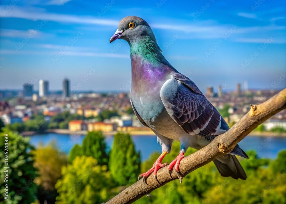 Majestic Pigeon Bird Perched on a Branch Against a Clear Blue Sky in Natural Urban Environment Majestic Pigeon Bird Perched on a Branch Against a Clear Blue Sky in Natural Urban Environment