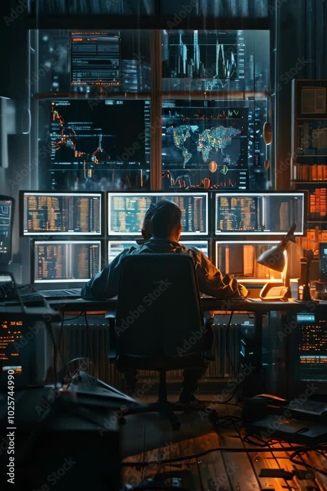 Analyzing market trends in a high-tech trading room late at night with multiple screens and charts Analyzing market trends in a high-tech trading room late at night with multiple screens and charts