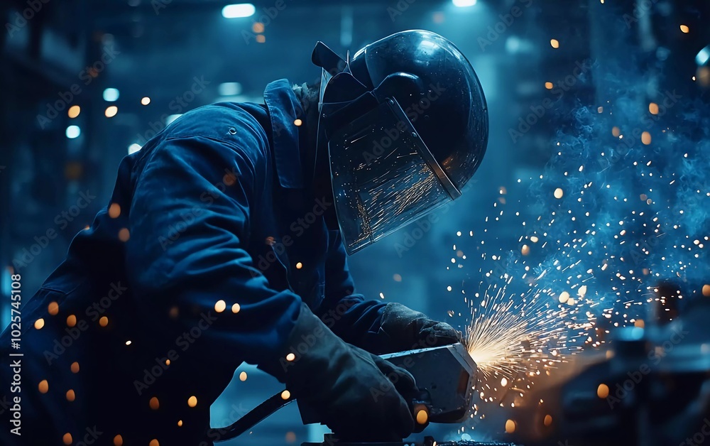 A worker in overalls and a helmet uses an angle grinder against a simple blue light background with sparks flying from the machine A worker in overalls and a helmet uses an angle grinder against a simple blue light background with sparks flying from the machine
