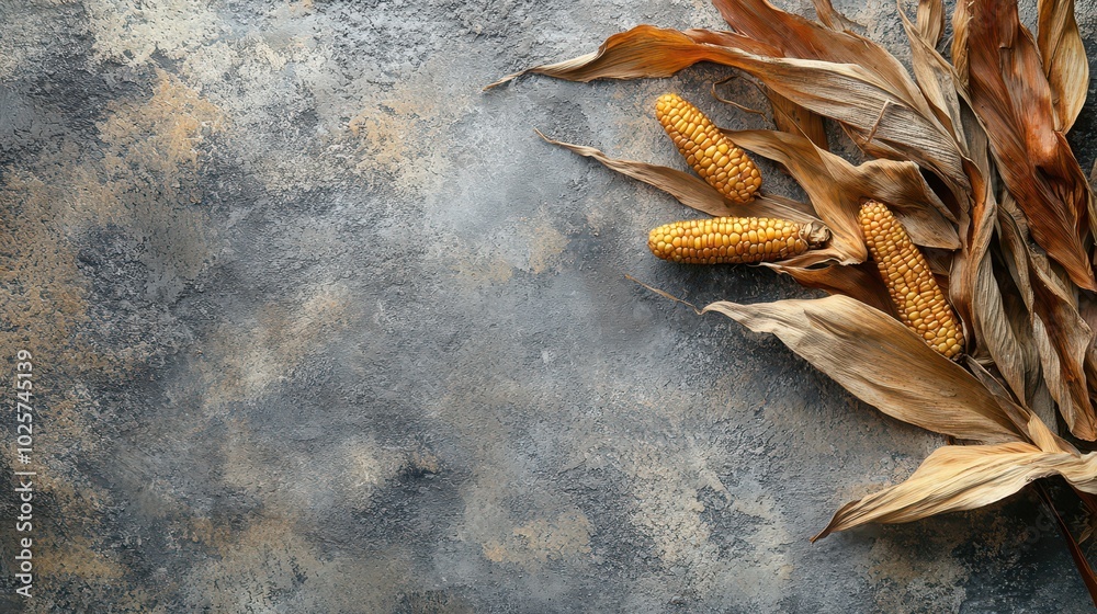 Rustic autumn corn on textured background. Harvest, fall season decorations, dried leaves. Copy space for design.