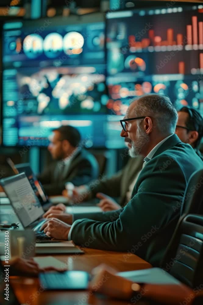 Experts analyzing data trends in a modern conference room during an evening business meeting in an urban setting Experts analyzing data trends in a modern conference room during an evening business meeting in an urban setting