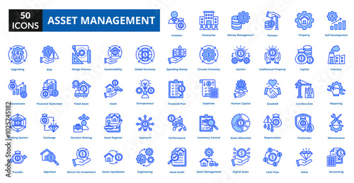 Asset management blue icon collection set