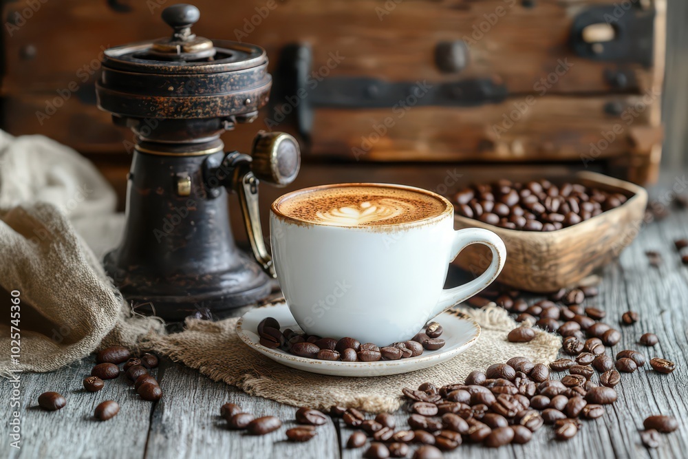 Rustic scene with a cup of coffee, coffee beans, and vintage manual grinder on a wooden table. Warm and cozy morning atmosphere. Rustic scene with a cup of coffee, coffee beans, and vintage manual grinder on a wooden table. Warm and cozy morning atmosphere.