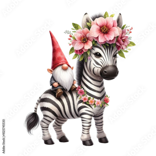 Zebra Gnome sitting on the back clipart watercolor
