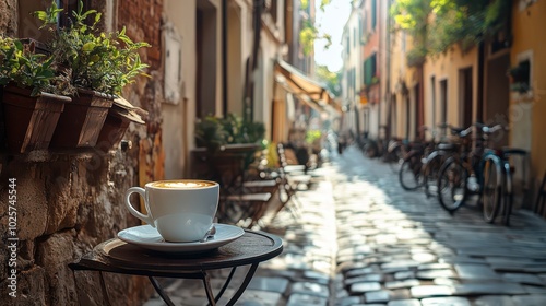 Fototapeta Naklejka Na Ścianę i Meble -  Serene morning coffee on a small table, with a narrow European street bathed in warm sunlight in the background.