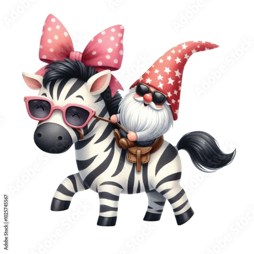 Zebra Gnome sitting on the back clipart watercolor
