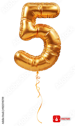 Golden foil balloon in form of number 5. Inflatable gold balloon, numeral five, isolated. Festive decoration for birthday, anniversary or other holiday celebration. 3D realistic vector illustration
