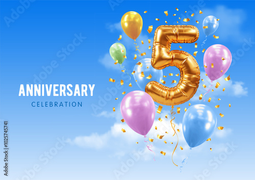 5th Anniversary celebration. Number 5 in the form of golden balloon. 3D realistic golden numeral five, confetti, blue sky background. Template for birthday, other special event. Vector illustration