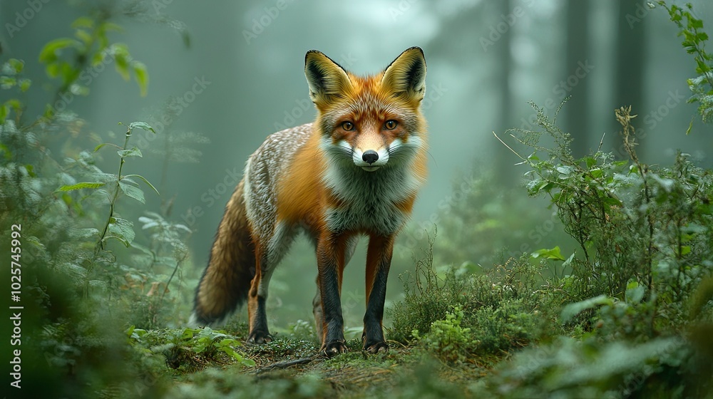 An enchanting photograph of a red fox stealthily moving through a misty forest, its reddish fur standing out vividly against the green and brown hues of the undergrowth. The fox’s keen eyes and An enchanting photograph of a red fox stealthily moving through a misty forest, its reddish fur standing out vividly against the green and brown hues of the undergrowth. The fox’s keen eyes and