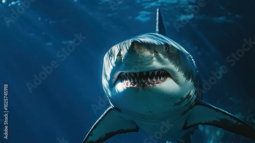 A close-up of a great white shark swimming in the deep blue ocean, revealing its sharp teeth and streamlined body. Perfect for marine life or adventure themes. photo