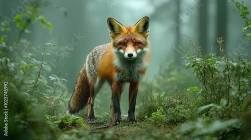 An enchanting photograph of a red fox stealthily moving through a misty forest, its reddish fur standing out vividly against the green and brown hues of the undergrowth. The foxâ€™s keen eyes and