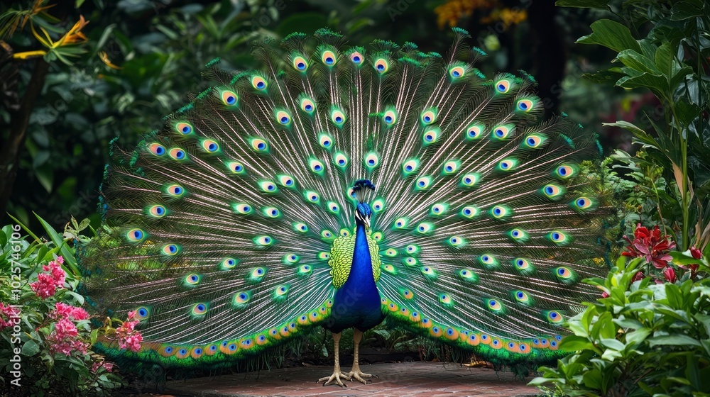 Obraz premium A vivid image of a vibrant peacock displaying its colorful plumage in a lush garden. The peacockâ€™s tail feathers fan out in a dazzling array of blues, greens, and golds, set against the backdrop of
