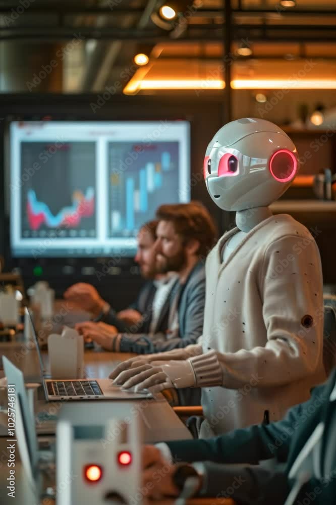 A humanoid robot assists analysts during a finance meeting in a modern office environment A humanoid robot assists analysts during a finance meeting in a modern office environment