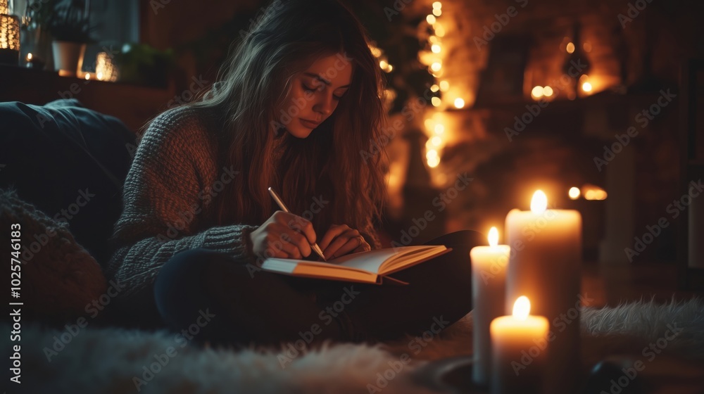 Cozy evening writing, young woman journaling by candlelight, warm ambiance Cozy evening writing, young woman journaling by candlelight, warm ambiance