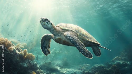 A serene photograph of a sea turtle gliding effortlessly through clear turquoise waters, with sunlight filtering down and casting a gentle glow on the turtle's shell. The surrounding coral reef and