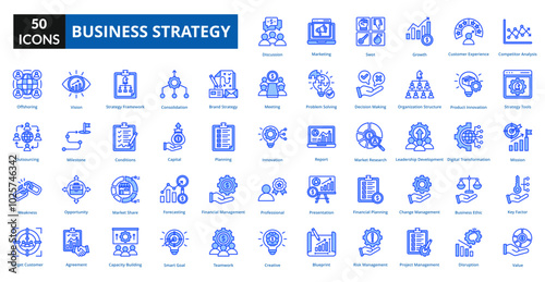 business strategy blue icon collection set. Includes partnership,target,employment,trade,deal,contract,plan,marketing, project, idea

