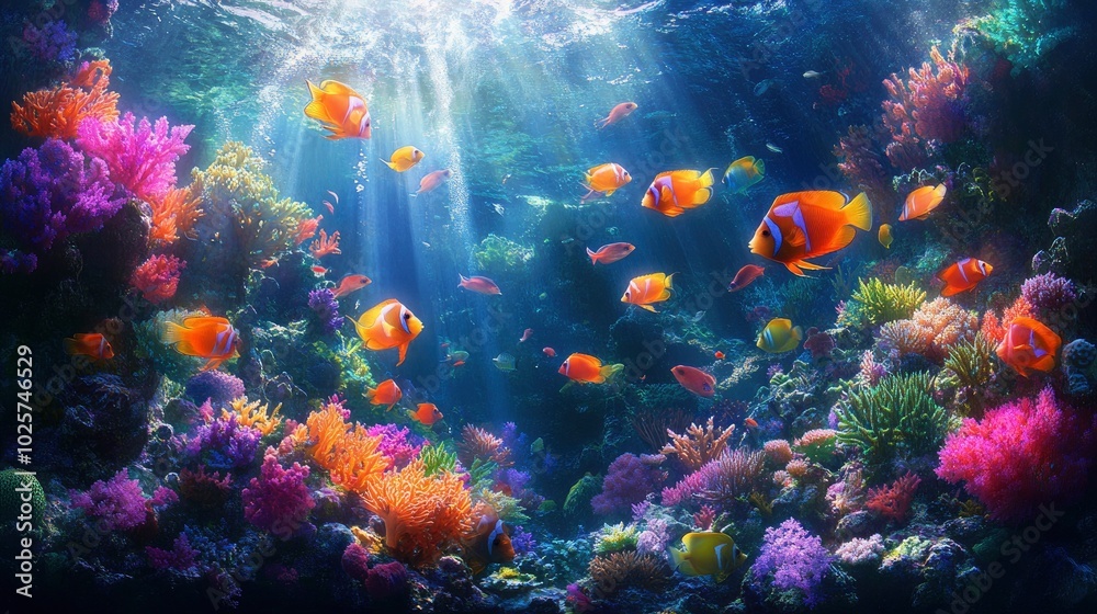A mesmerizing shot of a school of tropical fish swimming gracefully around a vibrant coral reef. The colorful fish dart between the corals, their scales shimmering in the clear water, creating a A mesmerizing shot of a school of tropical fish swimming gracefully around a vibrant coral reef. The colorful fish dart between the corals, their scales shimmering in the clear water, creating a