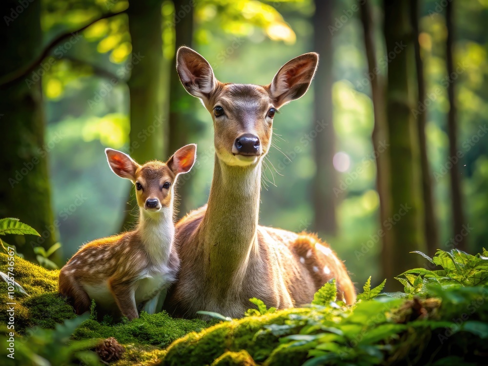 Stunning low-light photography captures a serene forest scene of a female Sika deer with her fawn, embodying the grace and tranquility of wildlife.