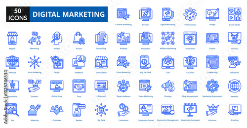 digital marketing blue icon collection set. Includes selling, trade, promotion, purchase, retail, traffic, commerce, digital, technology, network, tech, concept 