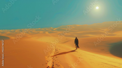 A lone traveler walks across the vast desert, the heat shimmering from the sand as the endless landscape stretches out around them. photo