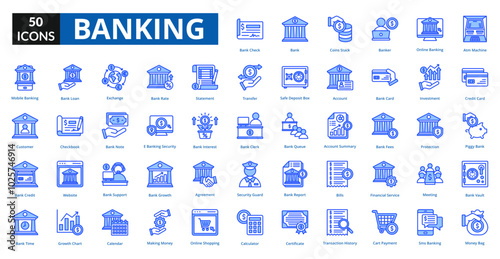 Banking blue icon collection set. Includes invest, trust, calculate, rise, give, save, investment, money, payment
