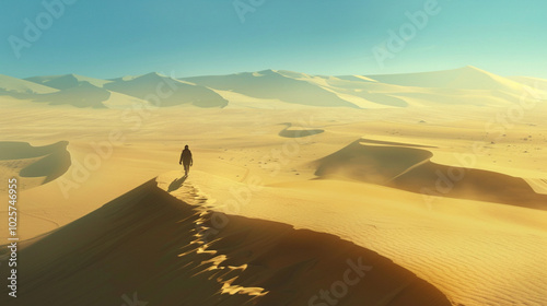 A person walks alone through the expansive desert, the harsh sun beating down as the desert stretches endlessly around them. photo