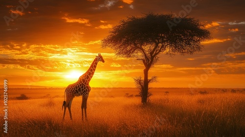 A dramatic photograph of a majestic giraffe grazing on the leaves of a tall acacia tree in the African savannah. The giraffeâ€™s long neck and distinctive spots are prominently displayed against the photo