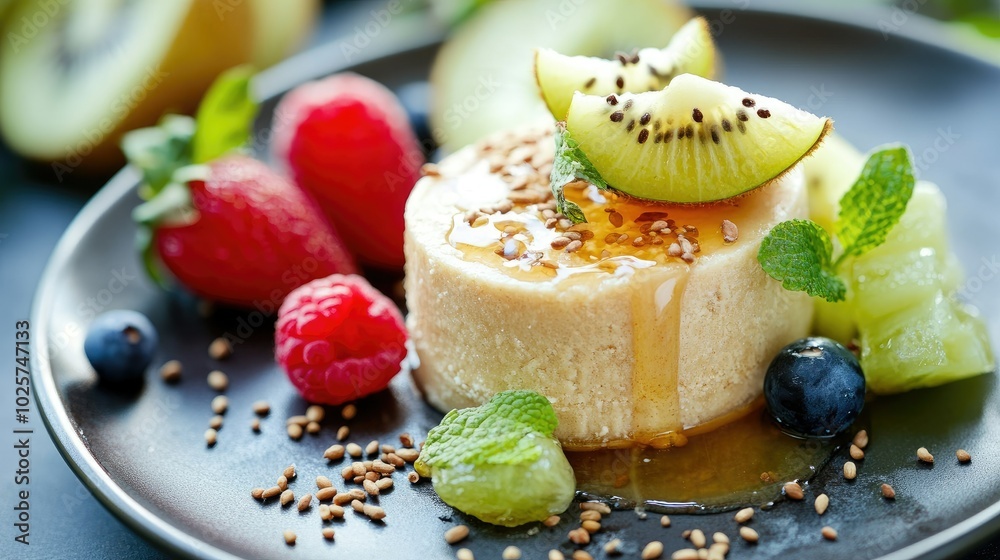 A delicious shot of Turkish halva with a hint of honey and sesame seeds, served alongside fresh fruits.