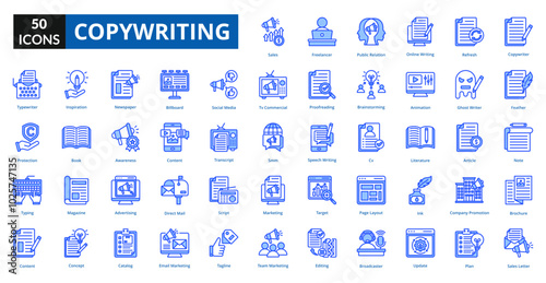 copywriting blue icon collection set. Includes working, online, job, internet, office, person, copywriting, technology
