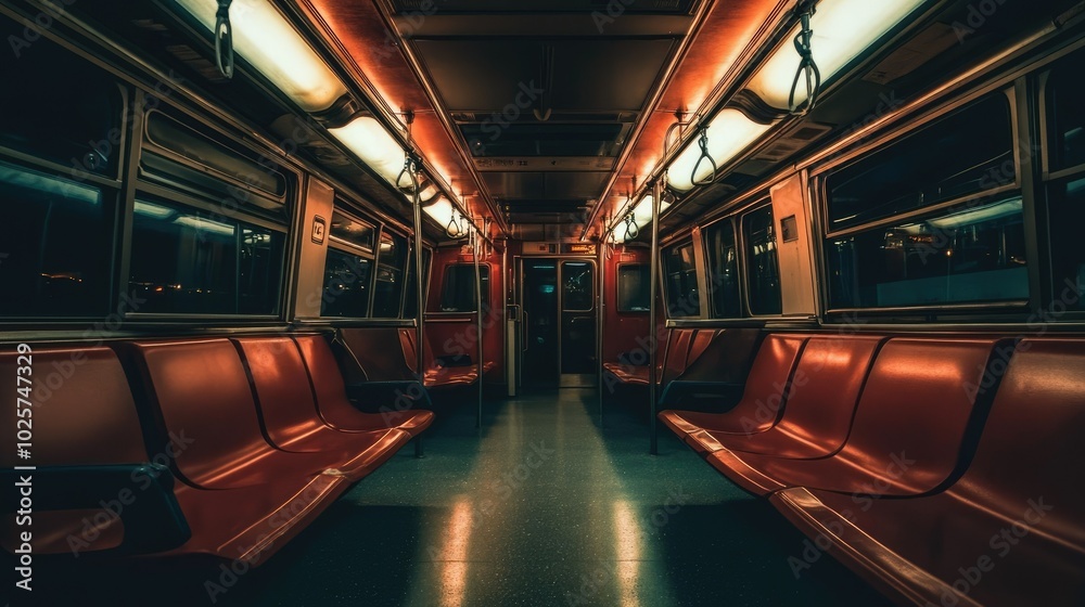 A deserted commuter train at night, the interior softly lit with overhead lights, evoking a quiet solitude. A deserted commuter train at night, the interior softly lit with overhead lights, evoking a quiet solitude.