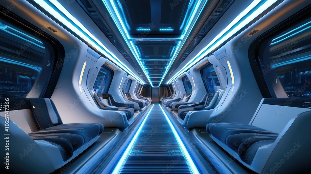 A deserted train with a sleek, futuristic design, with blue LED lights illuminating the interior. A deserted train with a sleek, futuristic design, with blue LED lights illuminating the interior.