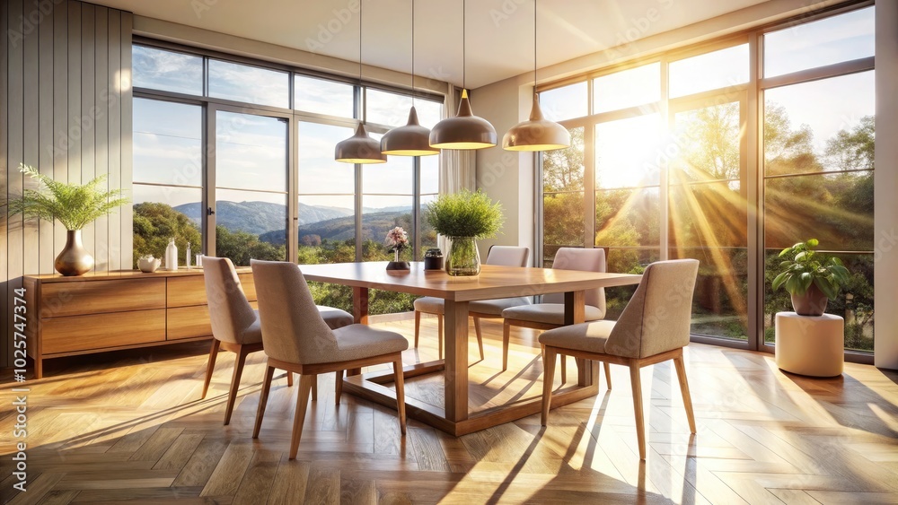 Sunlight floods this stylish dining area with a rich wooden floor, making it an inviting space for meals and gatherings, exuding warmth and modern elegance. Sunlight floods this stylish dining area with a rich wooden floor, making it an inviting space for meals and gatherings, exuding warmth and modern elegance.